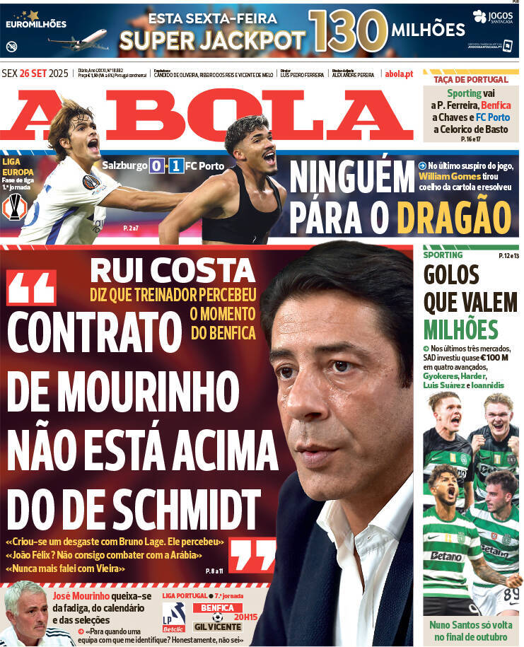 A Bola: Capa da Edi&ccedil;&atilde;o de sexta-feira, 26 de setembro 2025