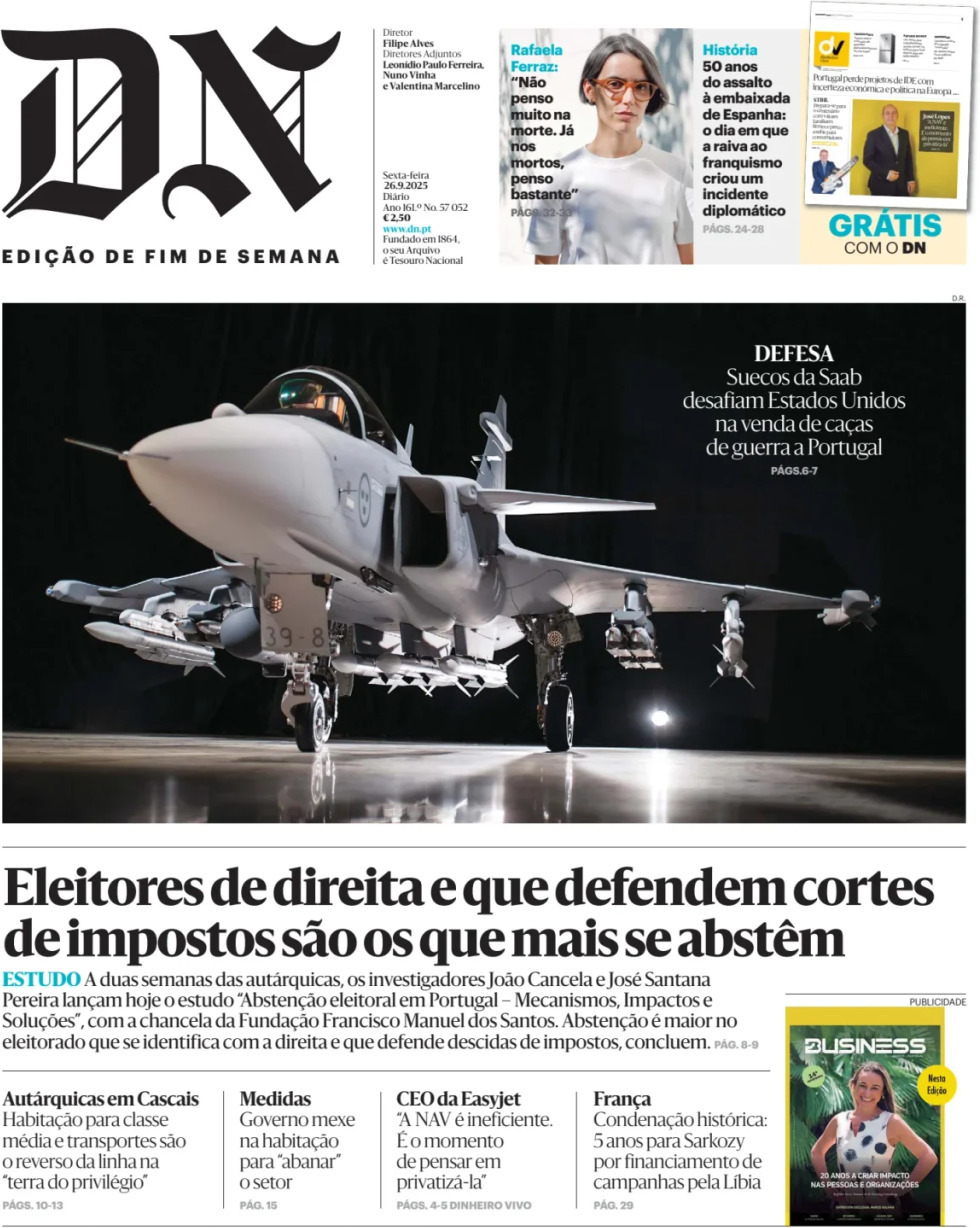 Di&aacute;rio de Not&iacute;cias: Capa da Edi&ccedil;&atilde;o de sexta-feira, 26 de setembro 2025
