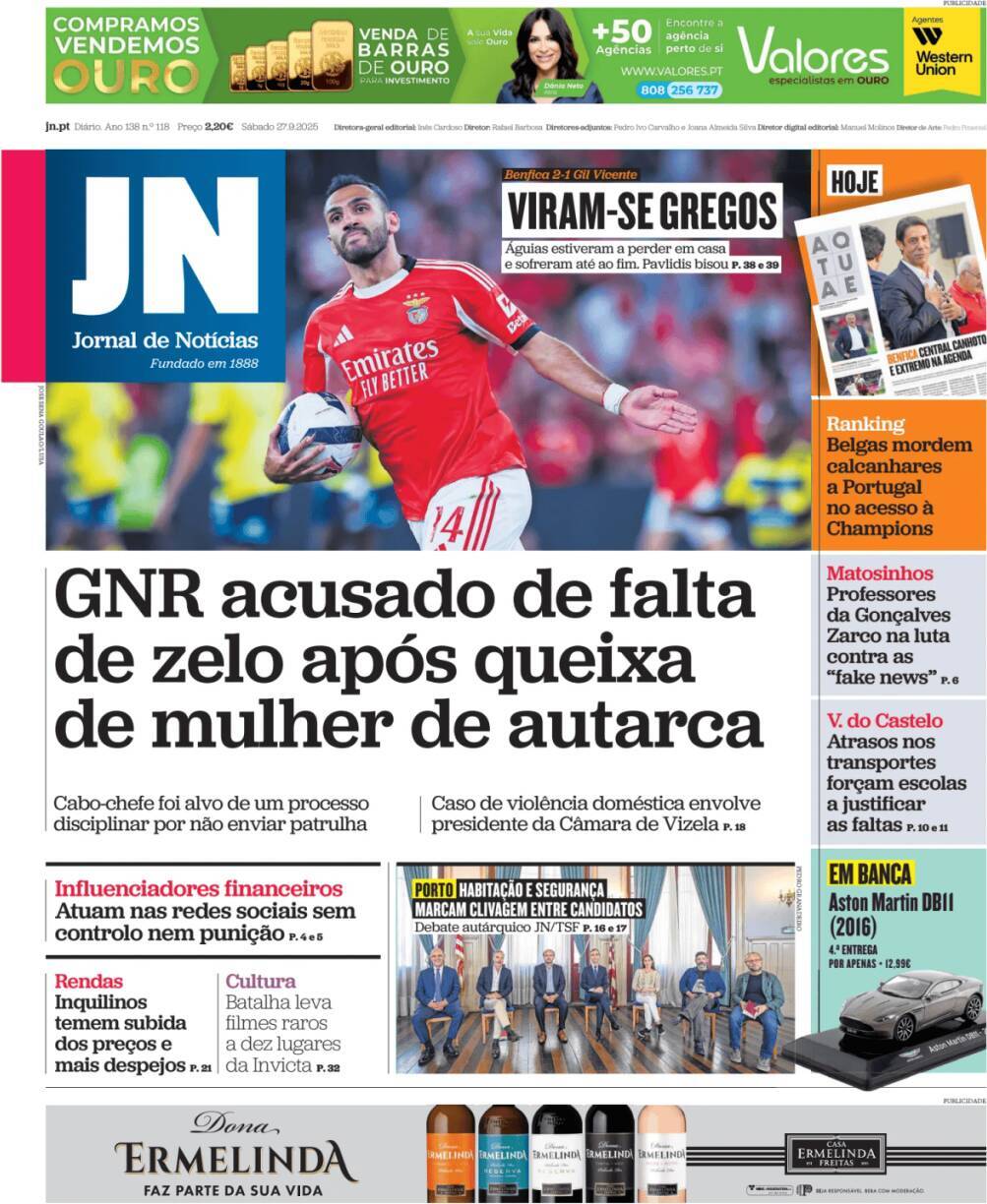 Jornal de Not&iacute;cias: Capa da Edi&ccedil;&atilde;o de s&aacute;bado, 27 de setembro 2025