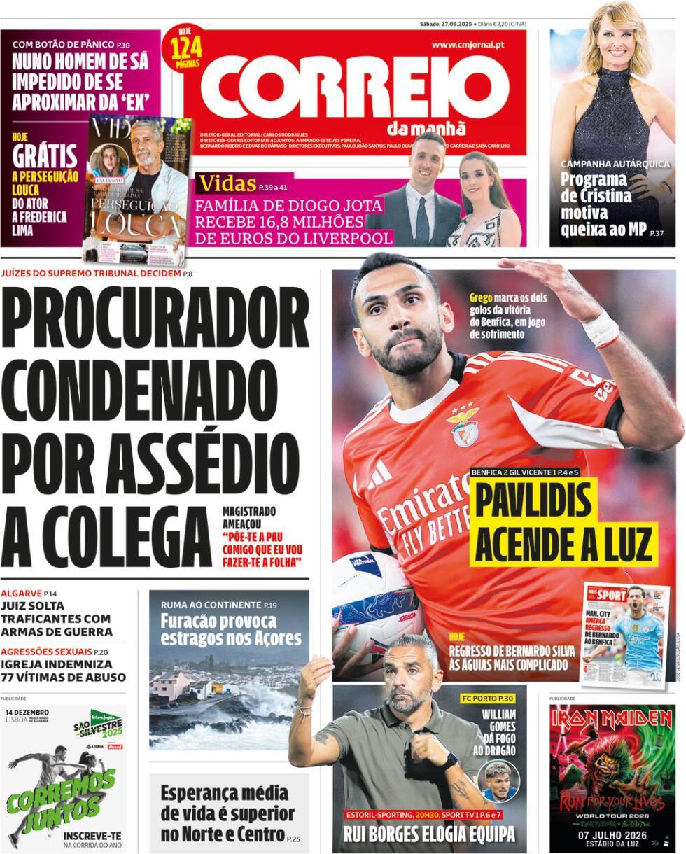 Correio da Manh&atilde;: Capa da Edi&ccedil;&atilde;o de s&aacute;bado, 27 de setembro 2025