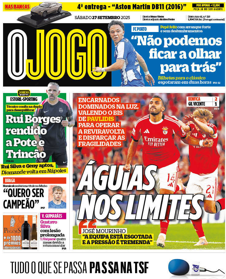 O Jogo: Capa da Edi&ccedil;&atilde;o de s&aacute;bado, 27 de setembro 2025
