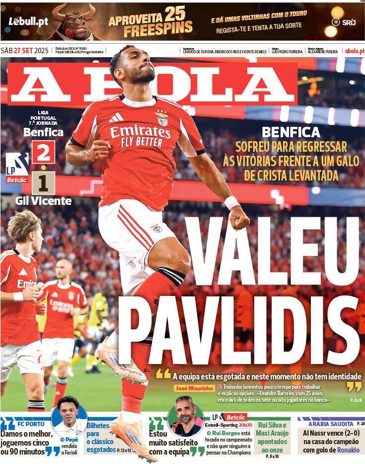 A Bola: Capa da Edi&ccedil;&atilde;o de s&aacute;bado, 27 de setembro 2025