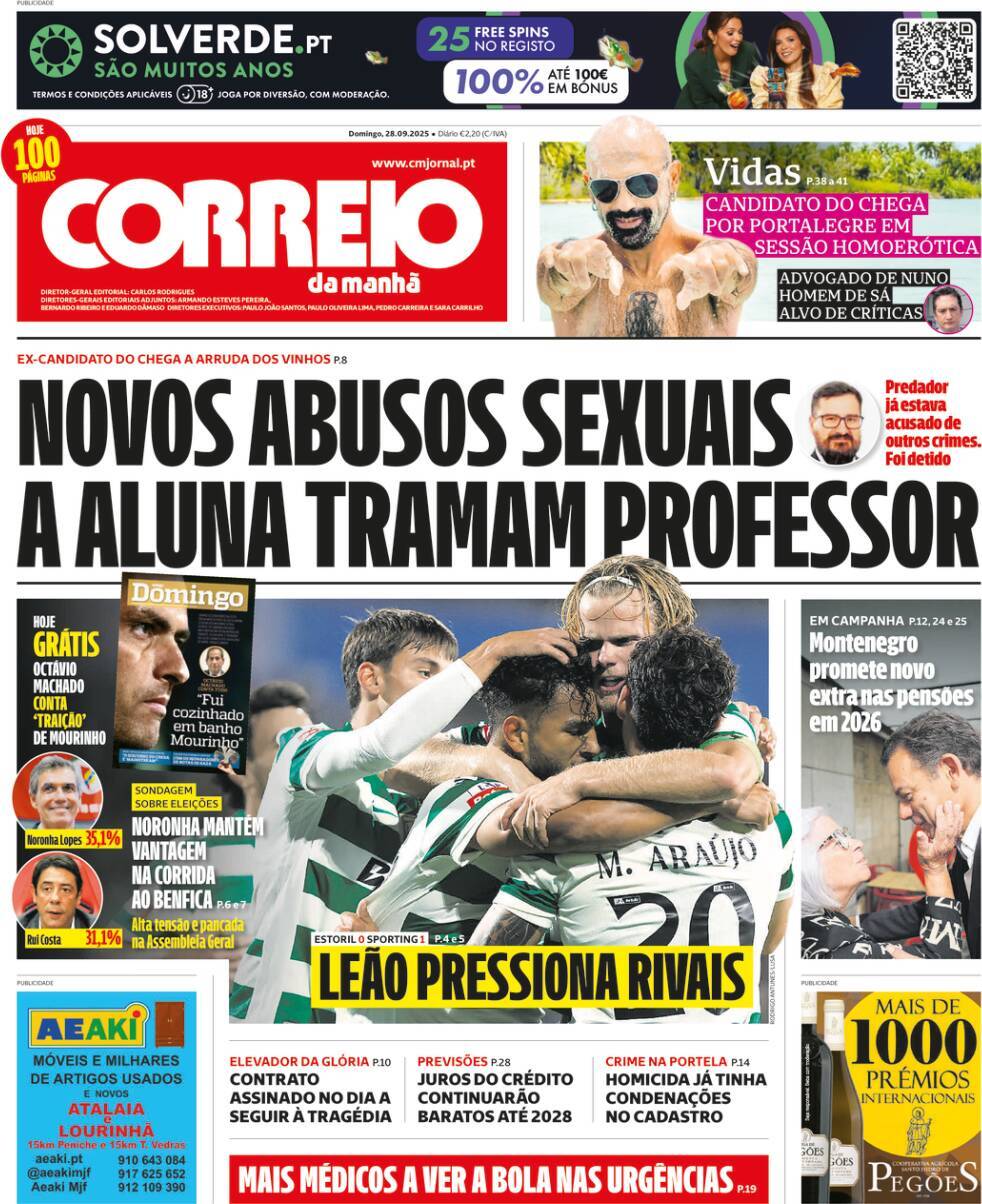 O Jogo: Capa da Edi&ccedil;&atilde;o de domingo, 28 de setembro 2025