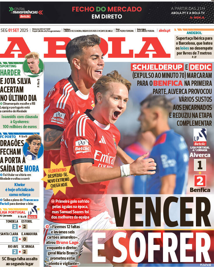 A Bola: Capa da Edi&ccedil;&atilde;o de segunda-feira, 01 de setembro 2025
