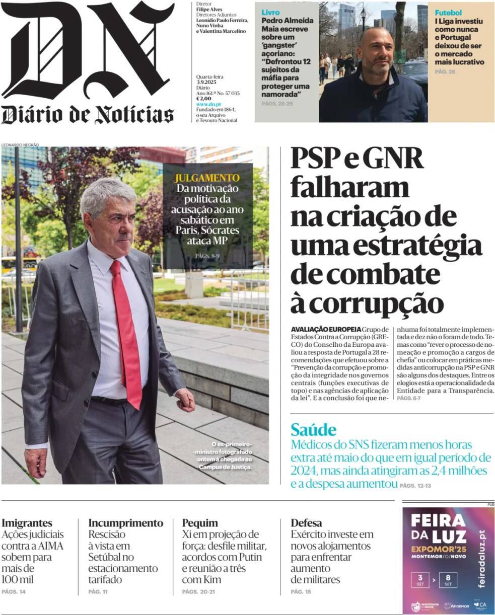Di&aacute;rio de Not&iacute;cias: Capa da Edi&ccedil;&atilde;o de quarta-feira, 03 de setembro 2025