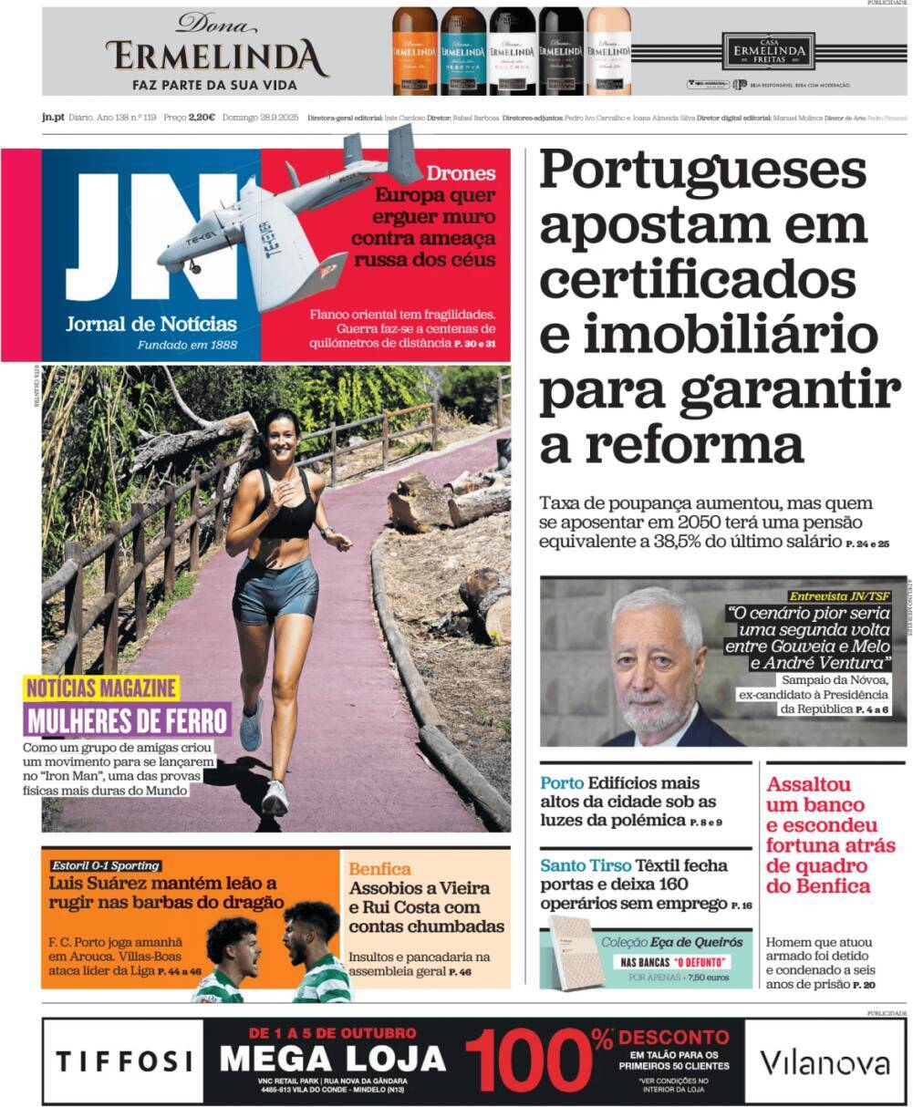 Jornal de Not&iacute;cias: Capa da Edi&ccedil;&atilde;o de domingo, 28 de setembro 2025