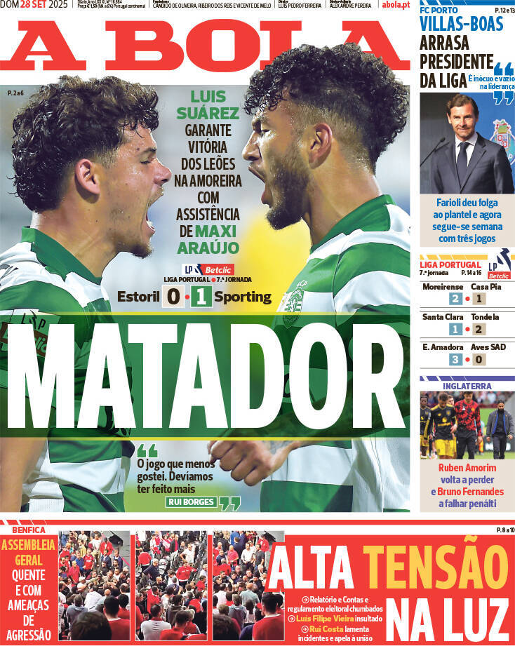 A Bola: Capa da Edi&ccedil;&atilde;o de domingo, 28 de setembro 2025