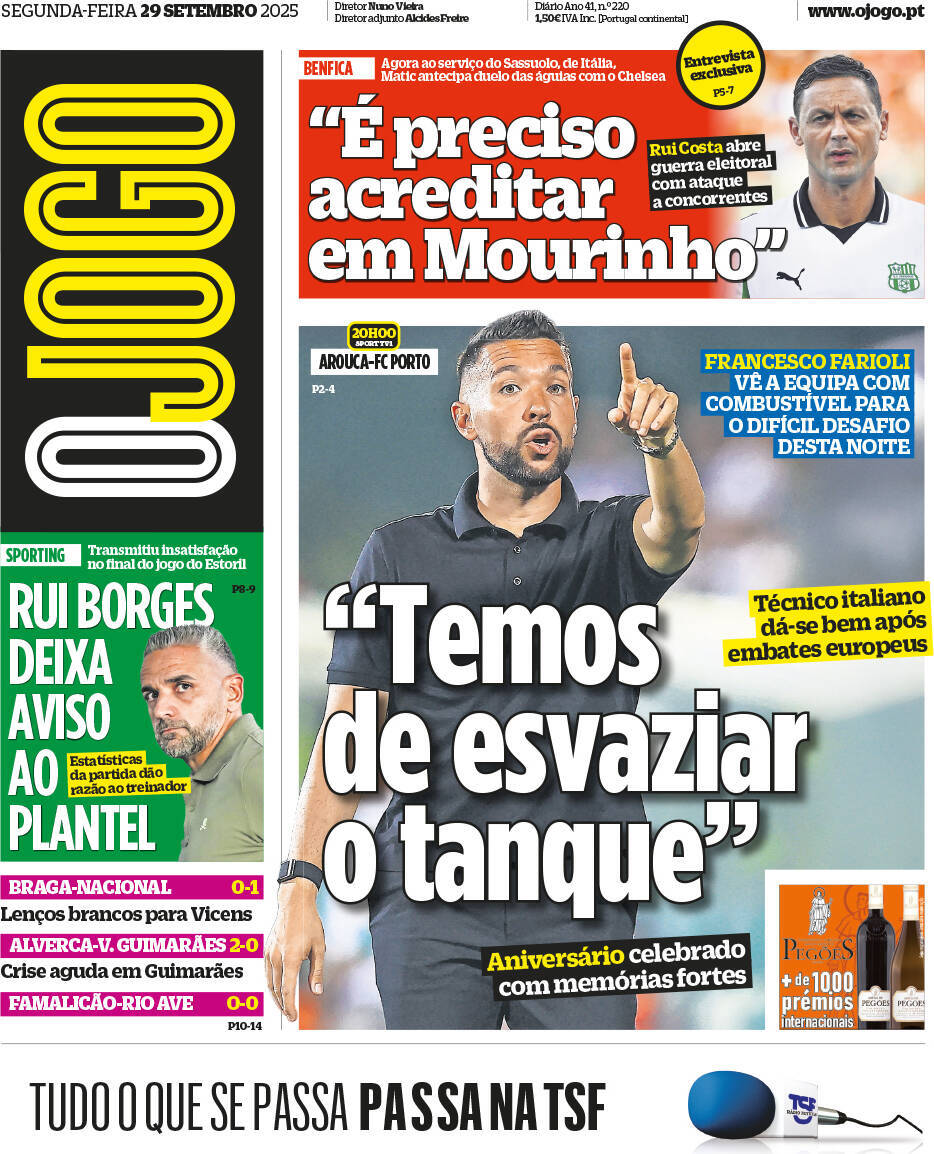 Correio da Manh&atilde;: Capa da Edi&ccedil;&atilde;o de segunda-feira, 29 de setembro 2025