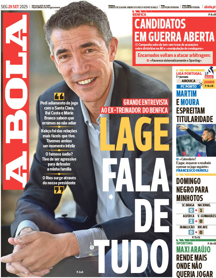 A Bola: Capa da Edi&ccedil;&atilde;o de segunda-feira, 29 de setembro 2025