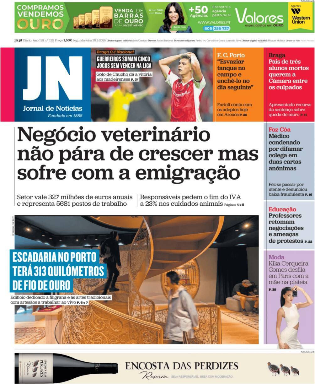Jornal de Not&iacute;cias: Capa da Edi&ccedil;&atilde;o de segunda-feira, 29 de setembro 2025