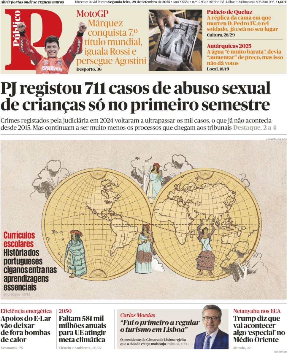 P&uacute;blico: Capa da Edi&ccedil;&atilde;o de segunda-feira, 29 de setembro 2025