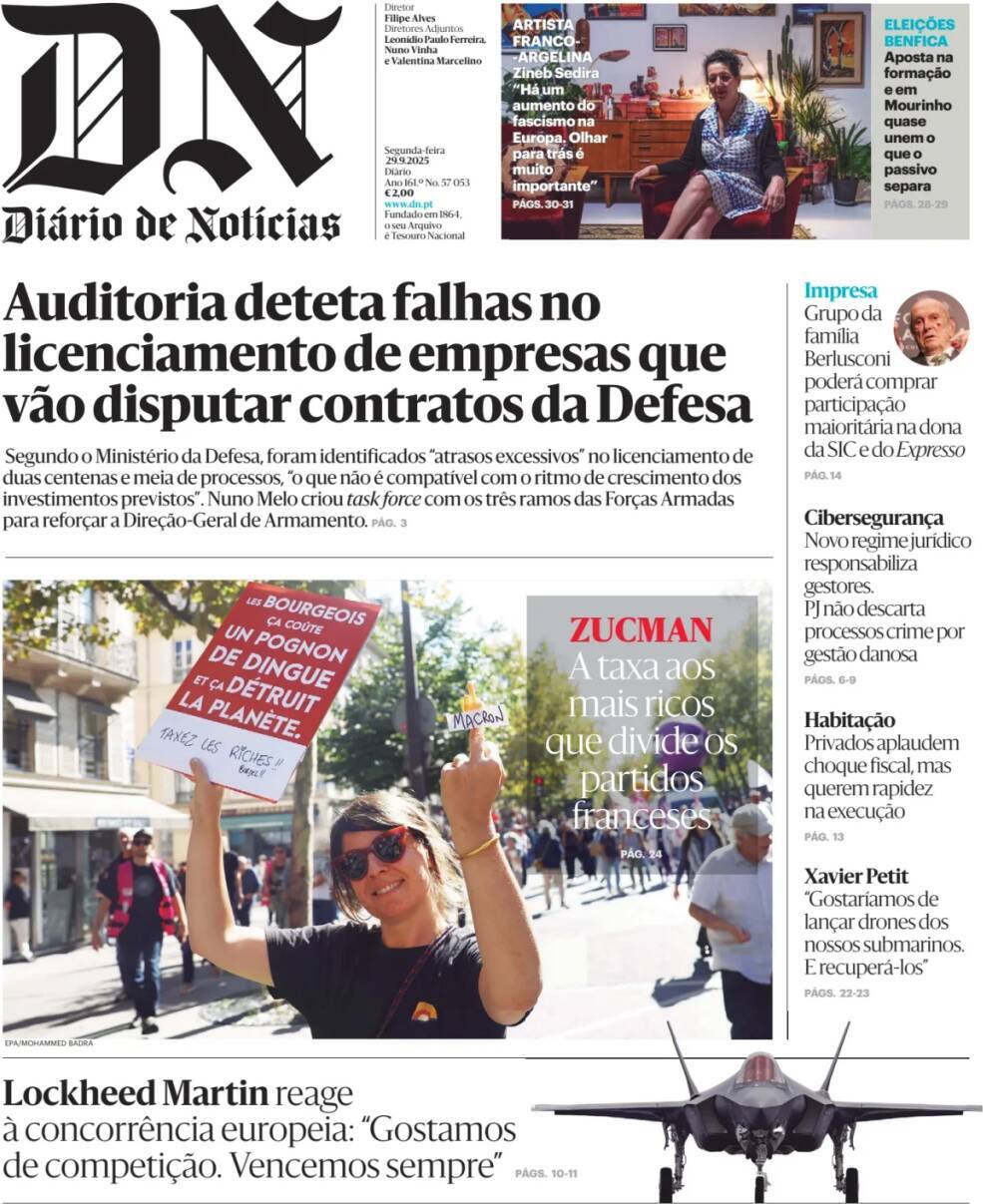 Di&aacute;rio de Not&iacute;cias: Capa da Edi&ccedil;&atilde;o de segunda-feira, 29 de setembro 2025