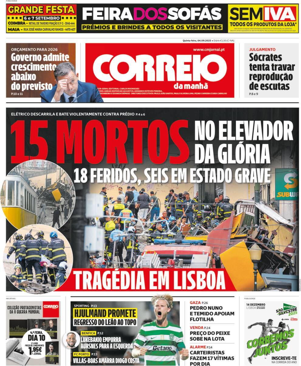 Correio da Manh&atilde;: Capa da Edi&ccedil;&atilde;o de quinta-feira, 04 de setembro 2025