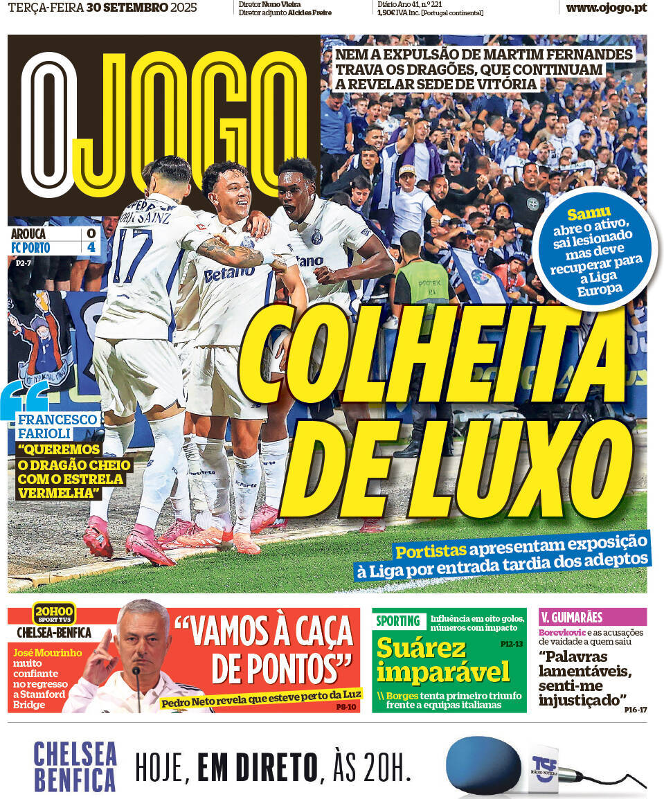 O Jogo: Capa da Edi&ccedil;&atilde;o de ter&ccedil;a-feira, 30 de setembro 2025