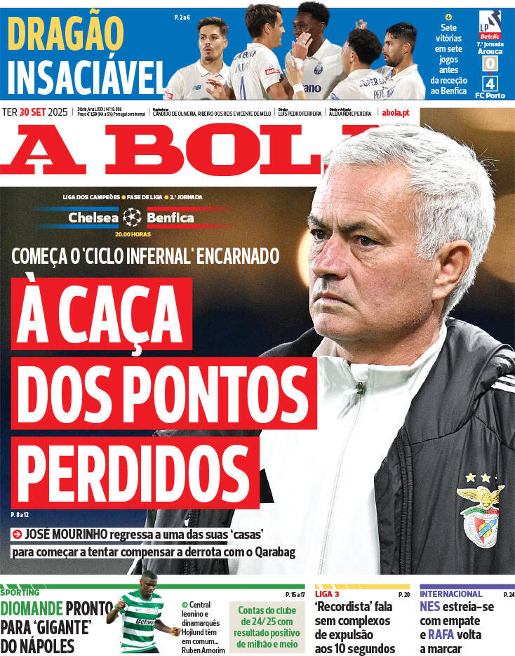A Bola: Capa da Edi&ccedil;&atilde;o de ter&ccedil;a-feira, 30 de setembro 2025