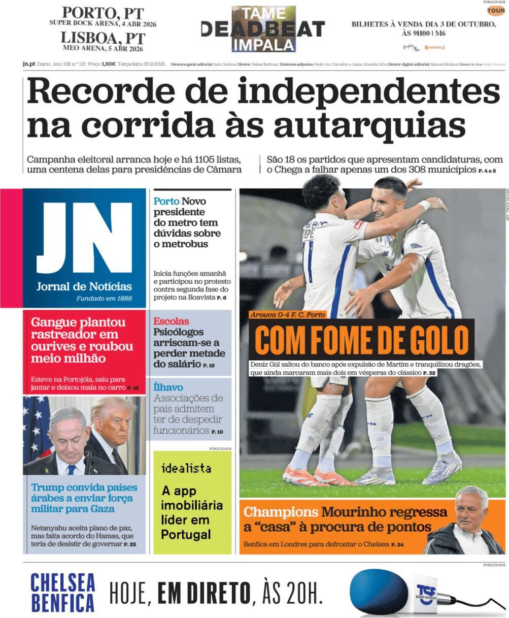 Jornal de Not&iacute;cias: Capa da Edi&ccedil;&atilde;o de ter&ccedil;a-feira, 30 de setembro 2025