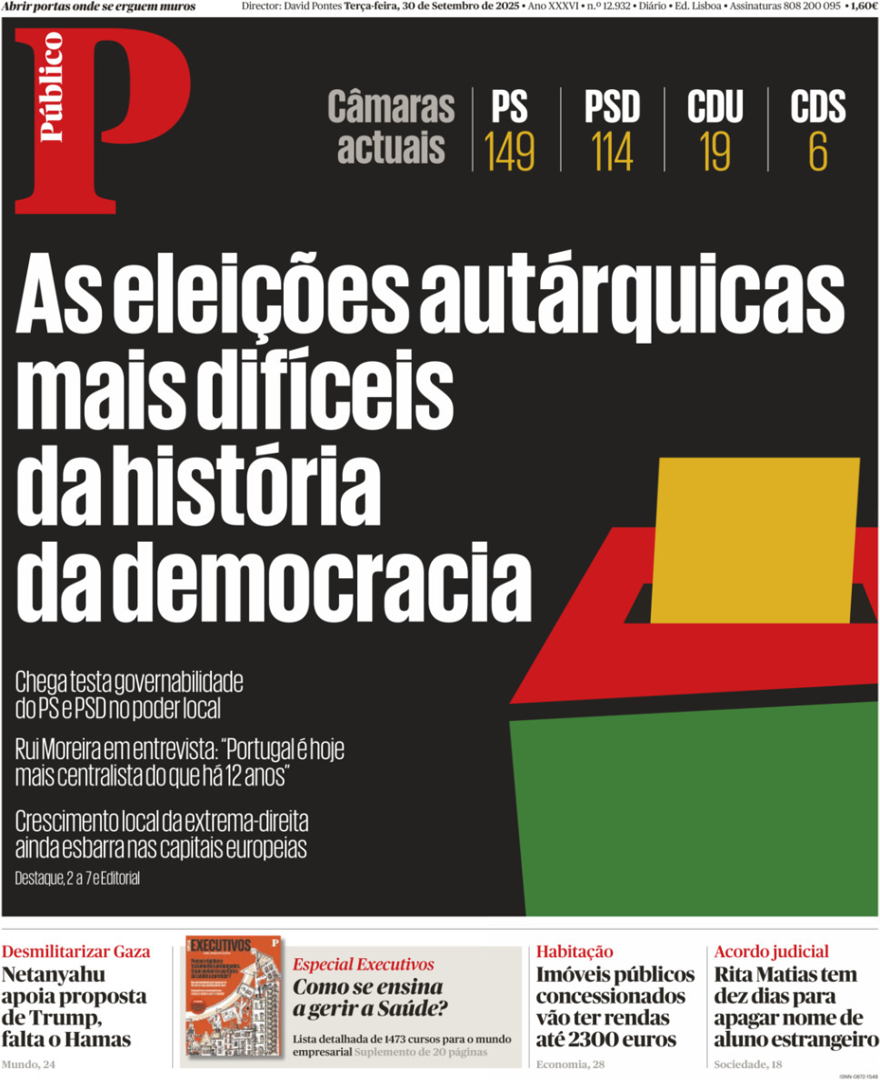 P&uacute;blico: Capa da Edi&ccedil;&atilde;o de ter&ccedil;a-feira, 30 de setembro 2025