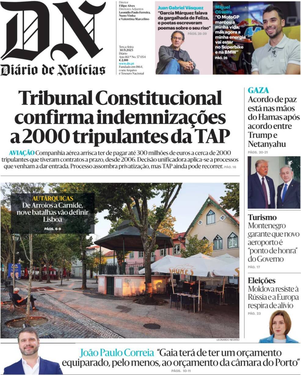 Di&aacute;rio de Not&iacute;cias: Capa da Edi&ccedil;&atilde;o de ter&ccedil;a-feira, 30 de setembro 2025