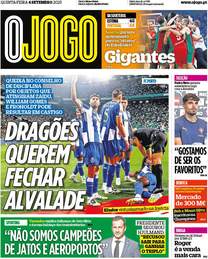 O Jogo: Capa da Edi&ccedil;&atilde;o de quinta-feira, 04 de setembro 2025