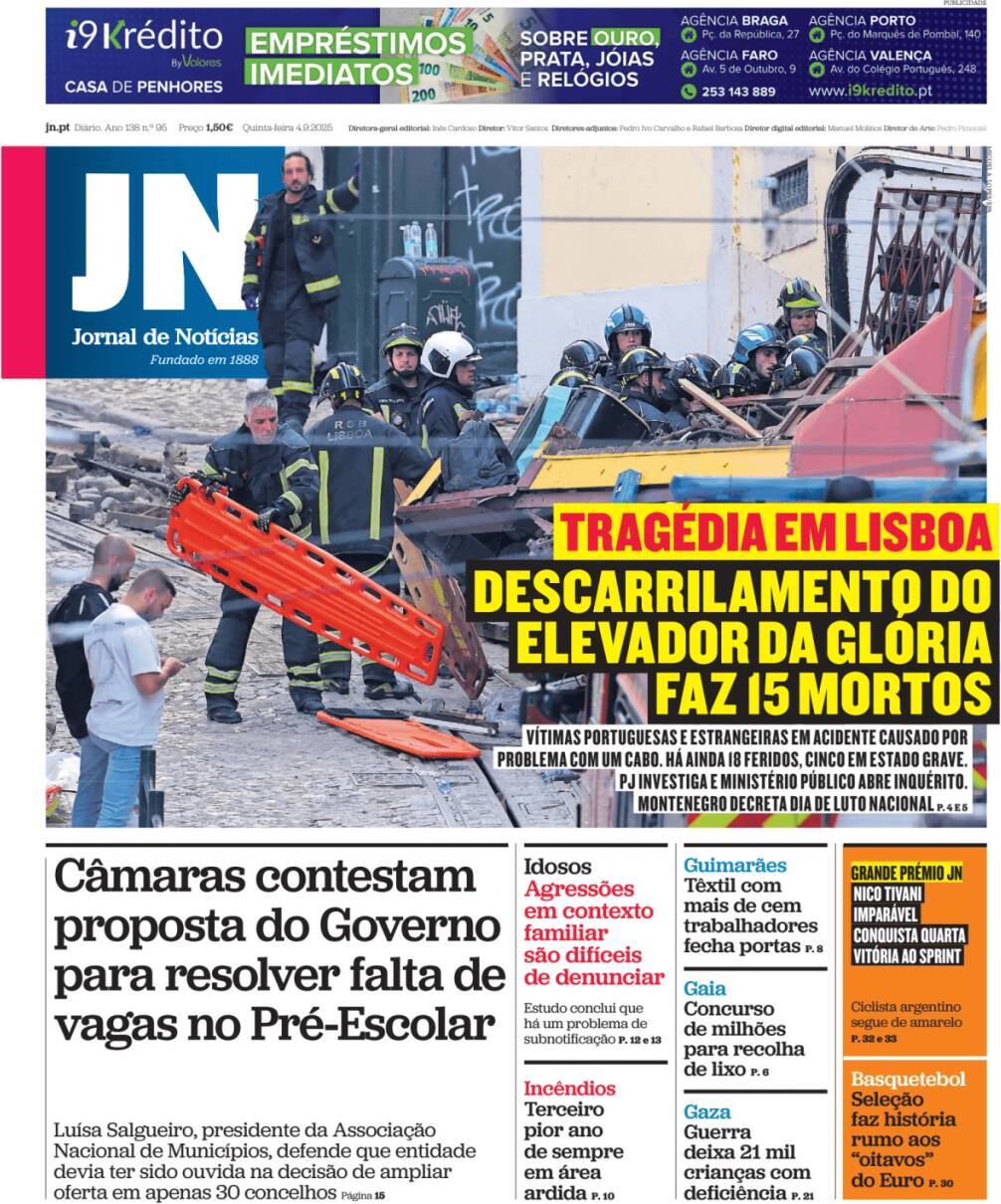 Jornal de Not&iacute;cias: Capa da Edi&ccedil;&atilde;o de quinta-feira, 04 de setembro 2025