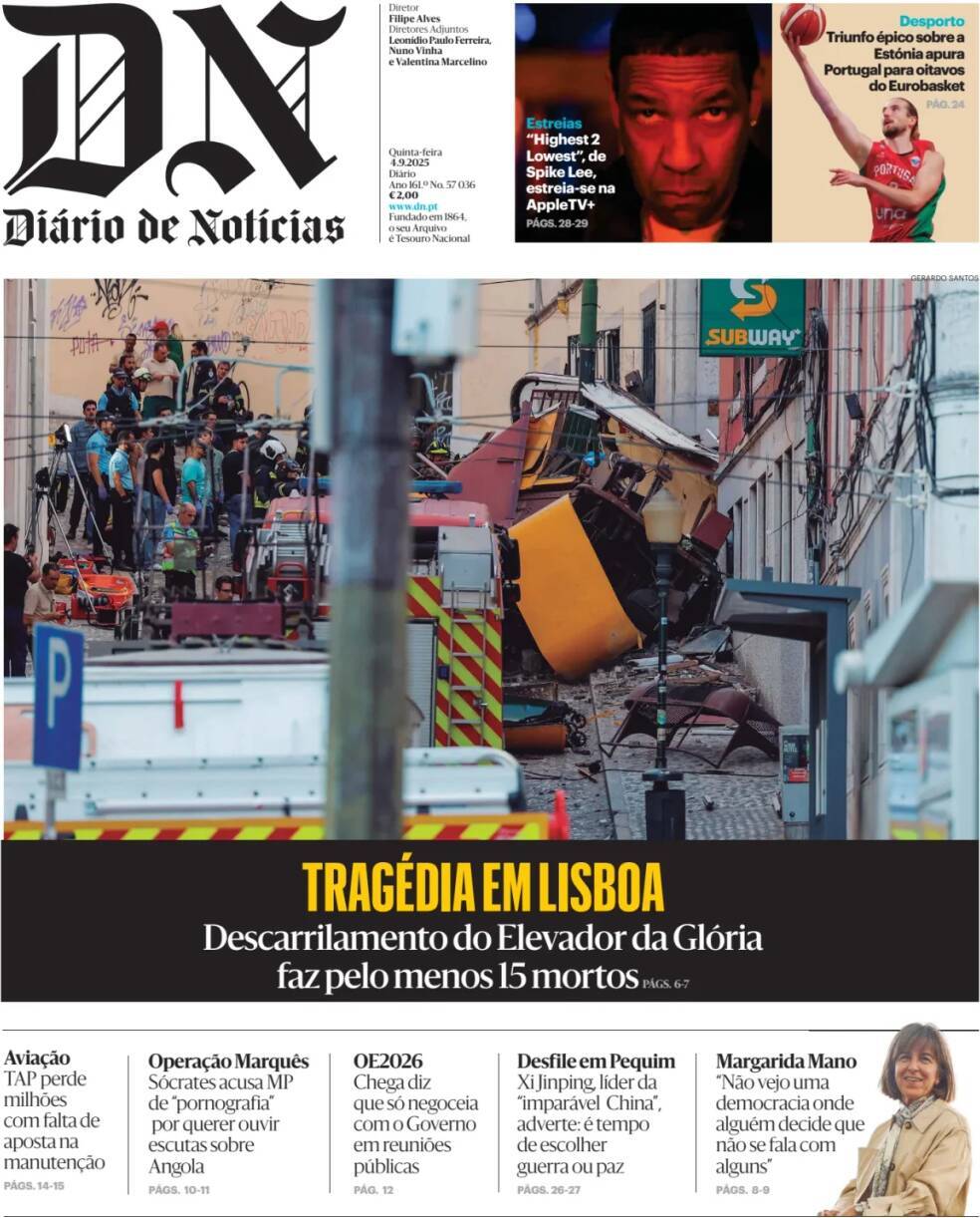 Di&aacute;rio de Not&iacute;cias: Capa da Edi&ccedil;&atilde;o de quinta-feira, 04 de setembro 2025