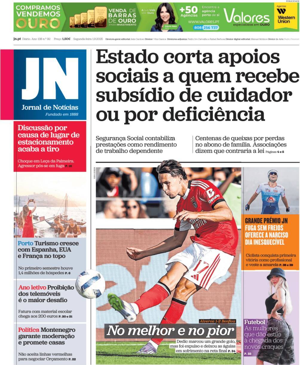 Jornal de Not&iacute;cias: Capa da Edi&ccedil;&atilde;o de segunda-feira, 01 de setembro 2025