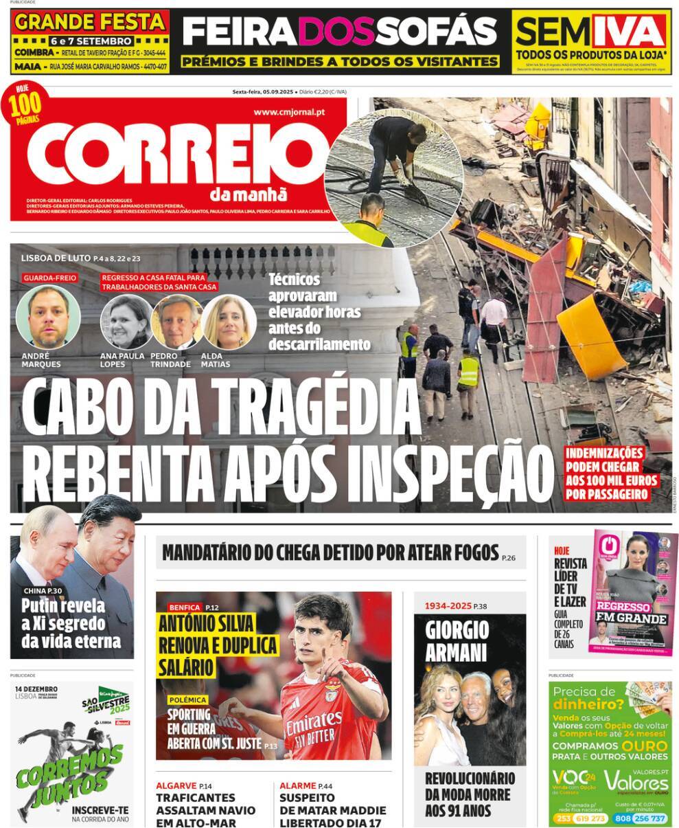 Correio da Manh&atilde;: Capa da Edi&ccedil;&atilde;o de sexta-feira, 05 de setembro 2025