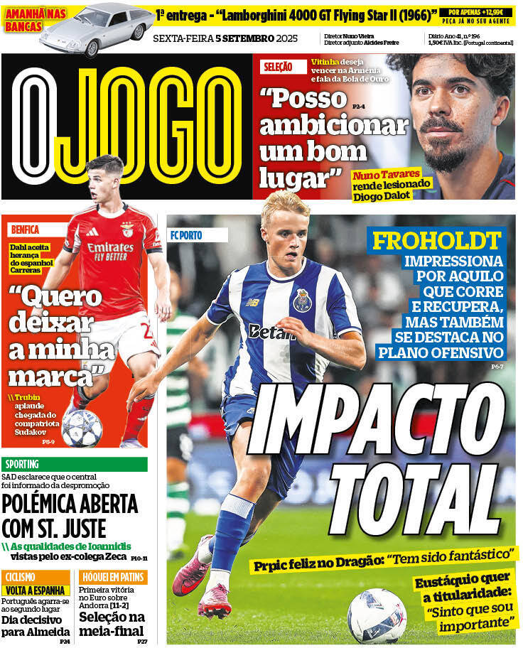 O Jogo: Capa da Edi&ccedil;&atilde;o de sexta-feira, 05 de setembro 2025