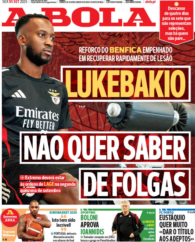 A Bola: Capa da Edi&ccedil;&atilde;o de sexta-feira, 05 de setembro 2025