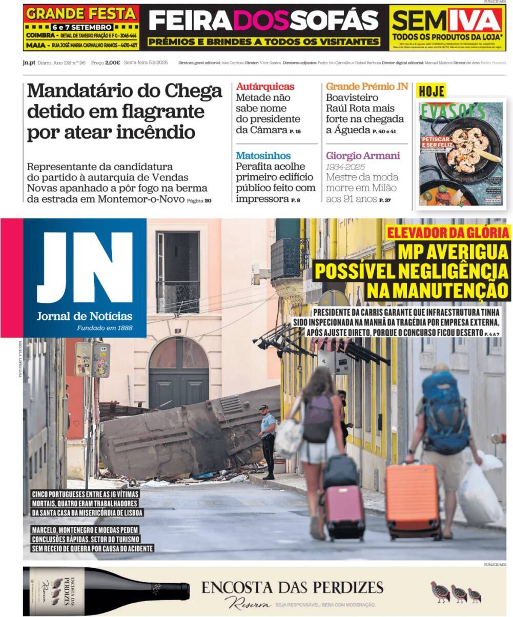 Jornal de Not&iacute;cias: Capa da Edi&ccedil;&atilde;o de sexta-feira, 05 de setembro 2025