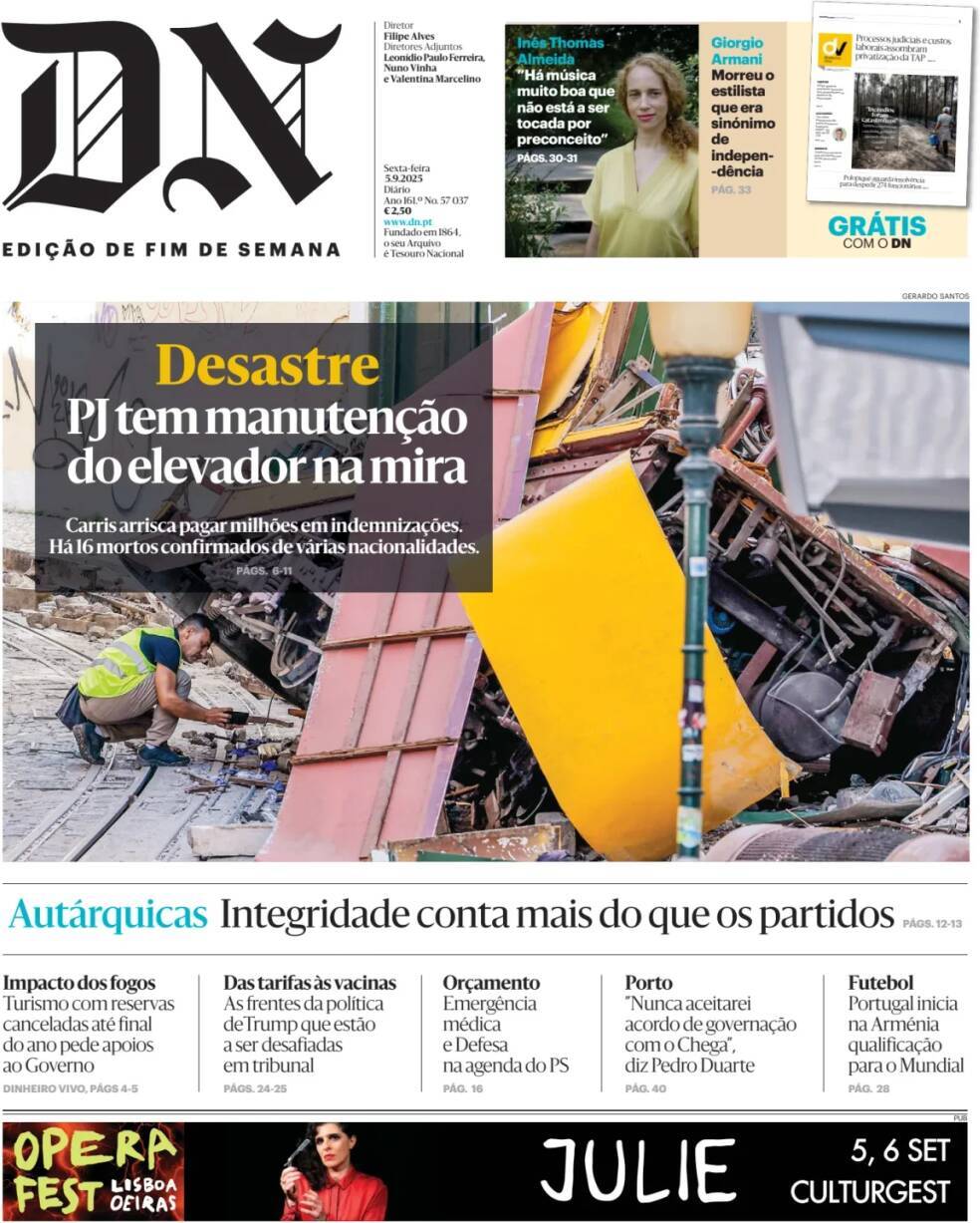 Di&aacute;rio de Not&iacute;cias: Capa da Edi&ccedil;&atilde;o de sexta-feira, 05 de setembro 2025