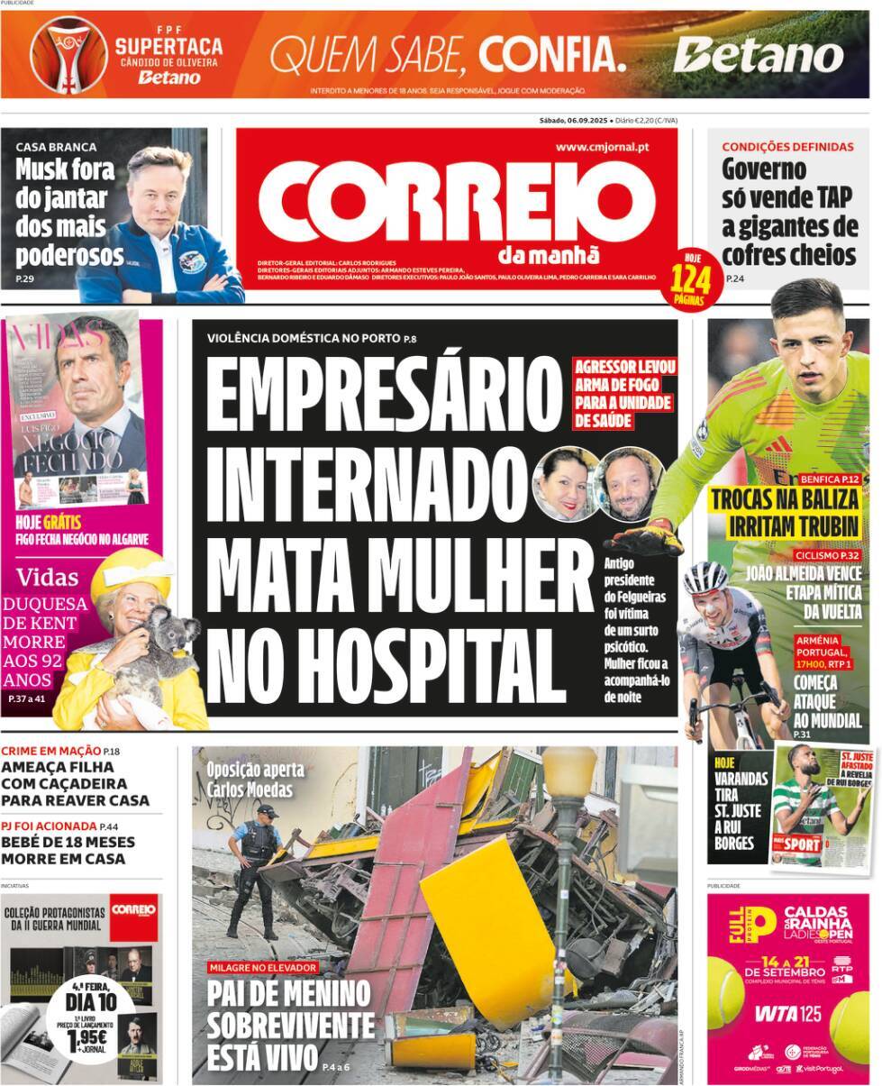 Correio da Manh&atilde;: Capa da Edi&ccedil;&atilde;o de s&aacute;bado, 06 de setembro 2025