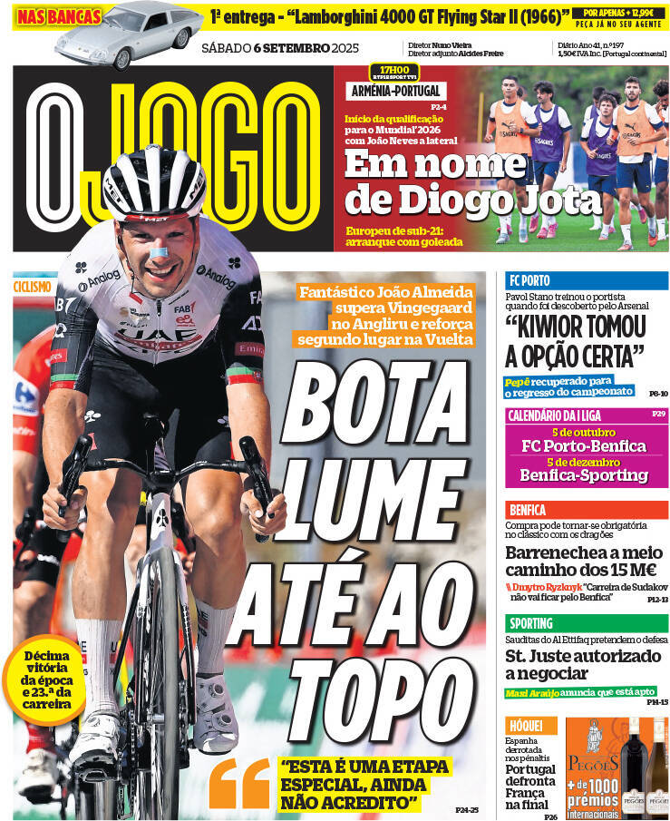 O Jogo: Capa da Edi&ccedil;&atilde;o de s&aacute;bado, 06 de setembro 2025