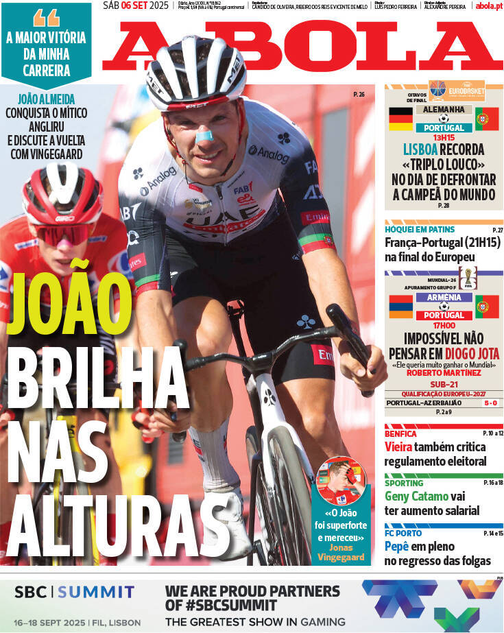 A Bola: Capa da Edi&ccedil;&atilde;o de s&aacute;bado, 06 de setembro 2025