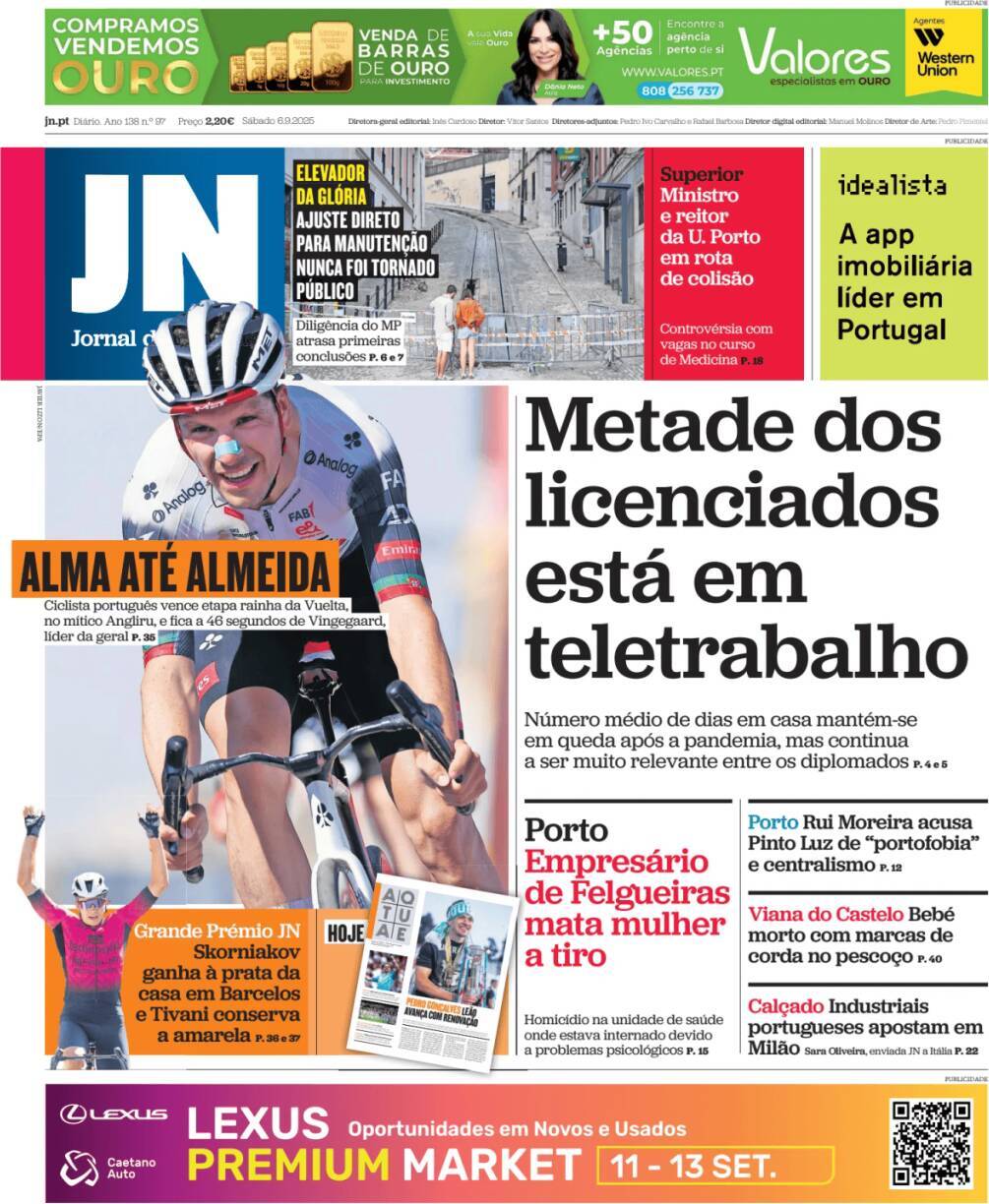 Jornal de Not&iacute;cias: Capa da Edi&ccedil;&atilde;o de s&aacute;bado, 06 de setembro 2025