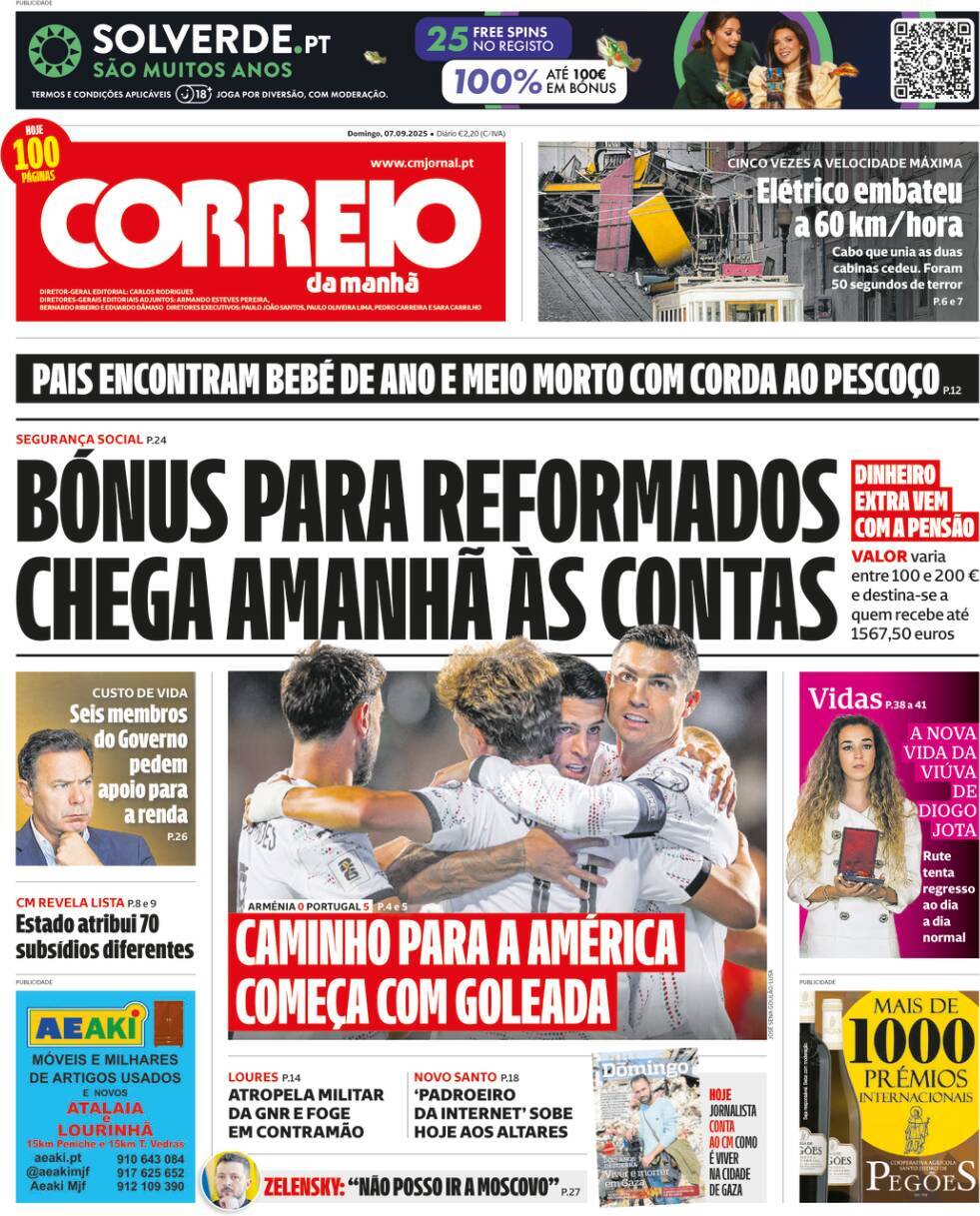 Correio da Manh&atilde;: Capa da Edi&ccedil;&atilde;o de domingo, 07 de setembro 2025