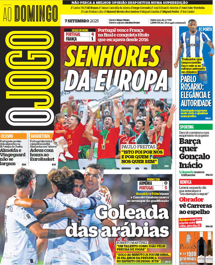 O Jogo: Capa da Edi&ccedil;&atilde;o de domingo, 07 de setembro 2025