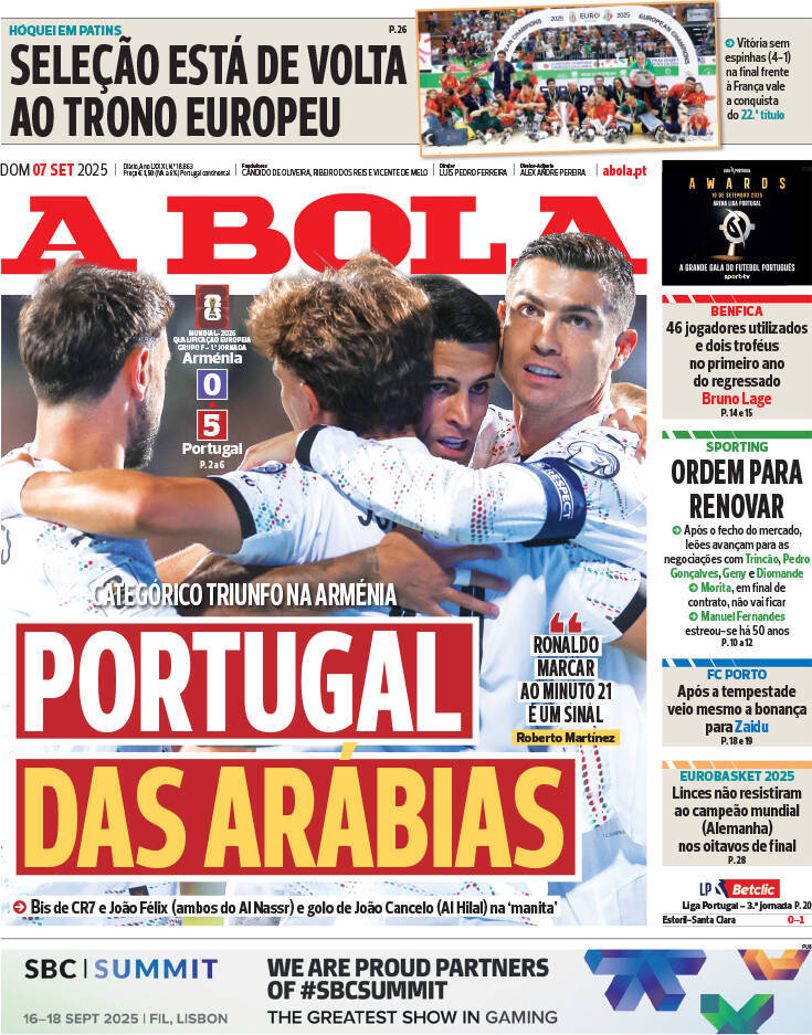A Bola: Capa da Edi&ccedil;&atilde;o de domingo, 07 de setembro 2025