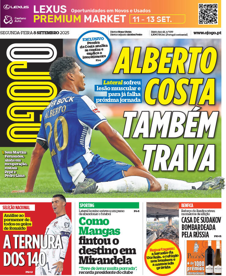 O Jogo: Capa da Edi&ccedil;&atilde;o de segunda-feira, 08 de setembro 2025