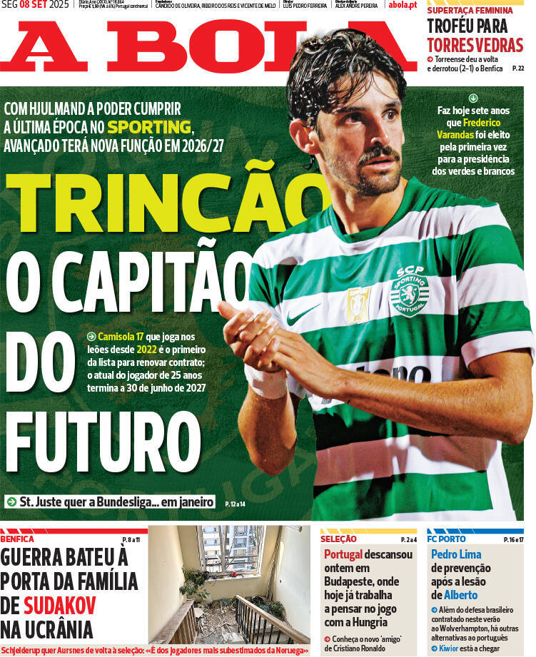 A Bola: Capa da Edi&ccedil;&atilde;o de segunda-feira, 08 de setembro 2025