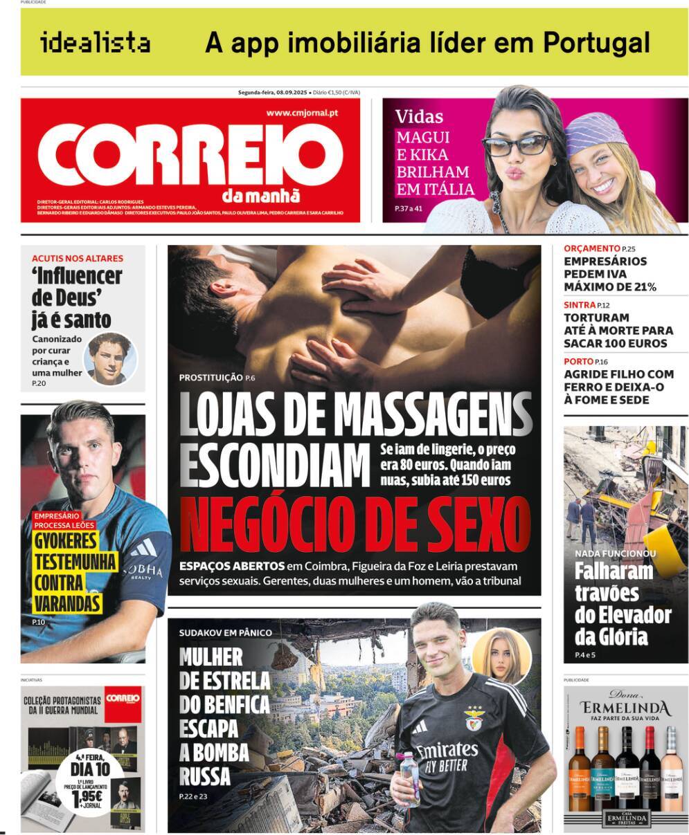 Correio da Manh&atilde;: Capa da Edi&ccedil;&atilde;o de segunda-feira, 08 de setembro 2025