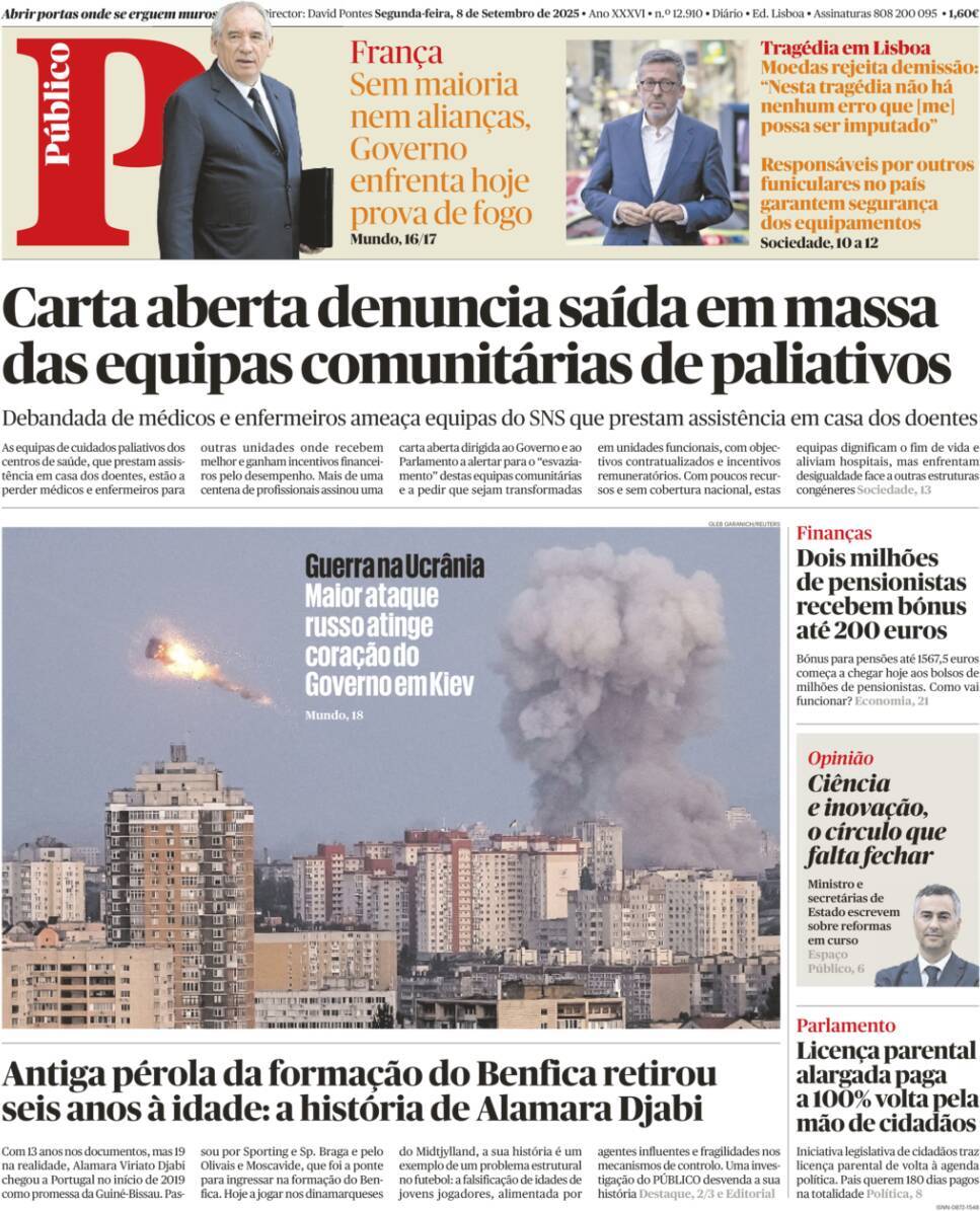 P&uacute;blico: Capa da Edi&ccedil;&atilde;o de segunda-feira, 08 de setembro 2025