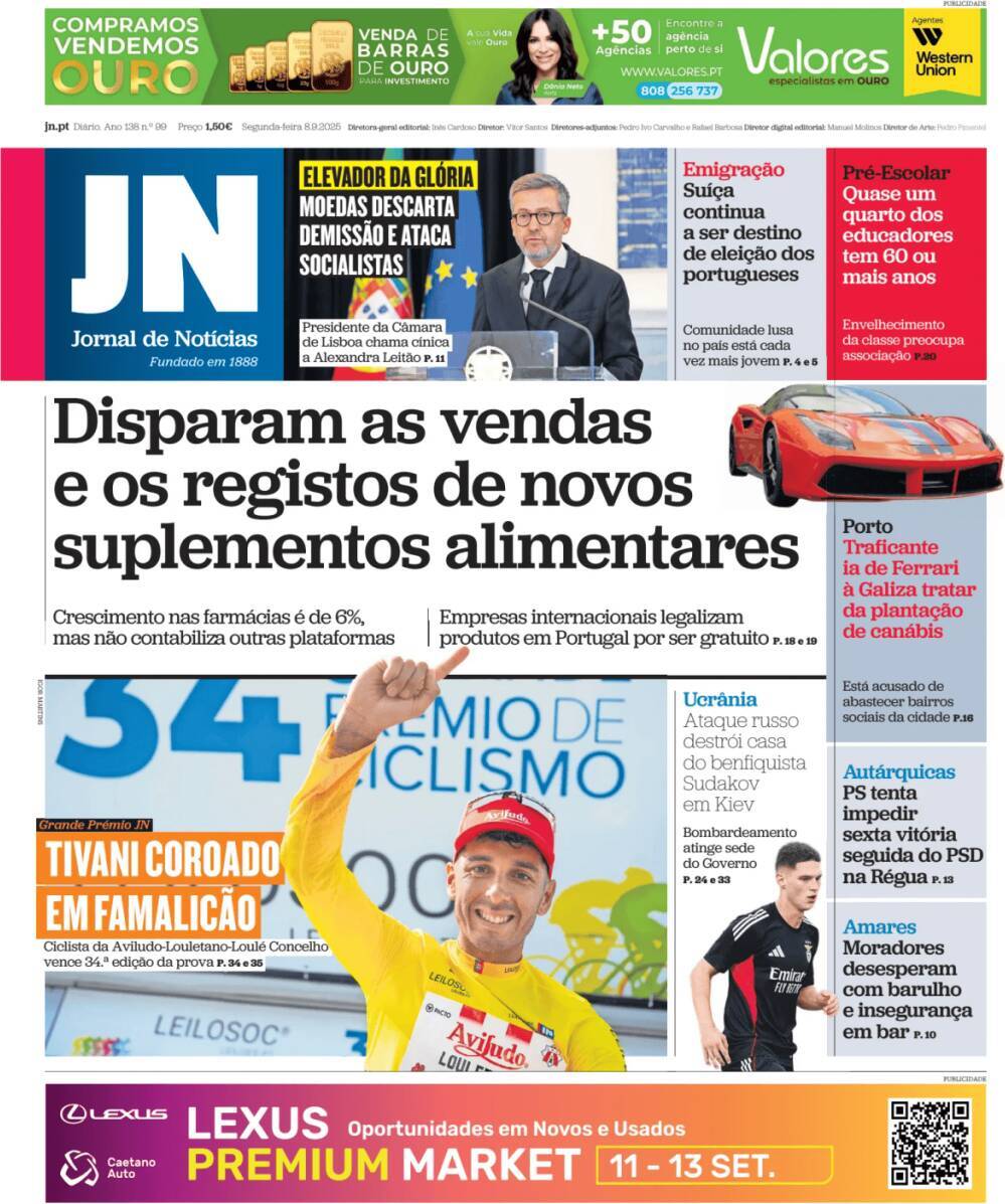 Jornal de Not&iacute;cias: Capa da Edi&ccedil;&atilde;o de segunda-feira, 08 de setembro 2025