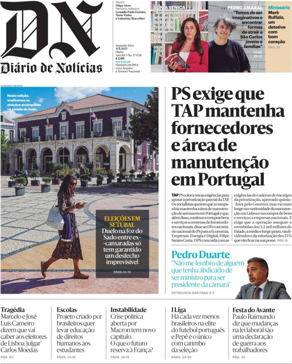 Di&aacute;rio de Not&iacute;cias: Capa da Edi&ccedil;&atilde;o de segunda-feira, 08 de setembro 2025