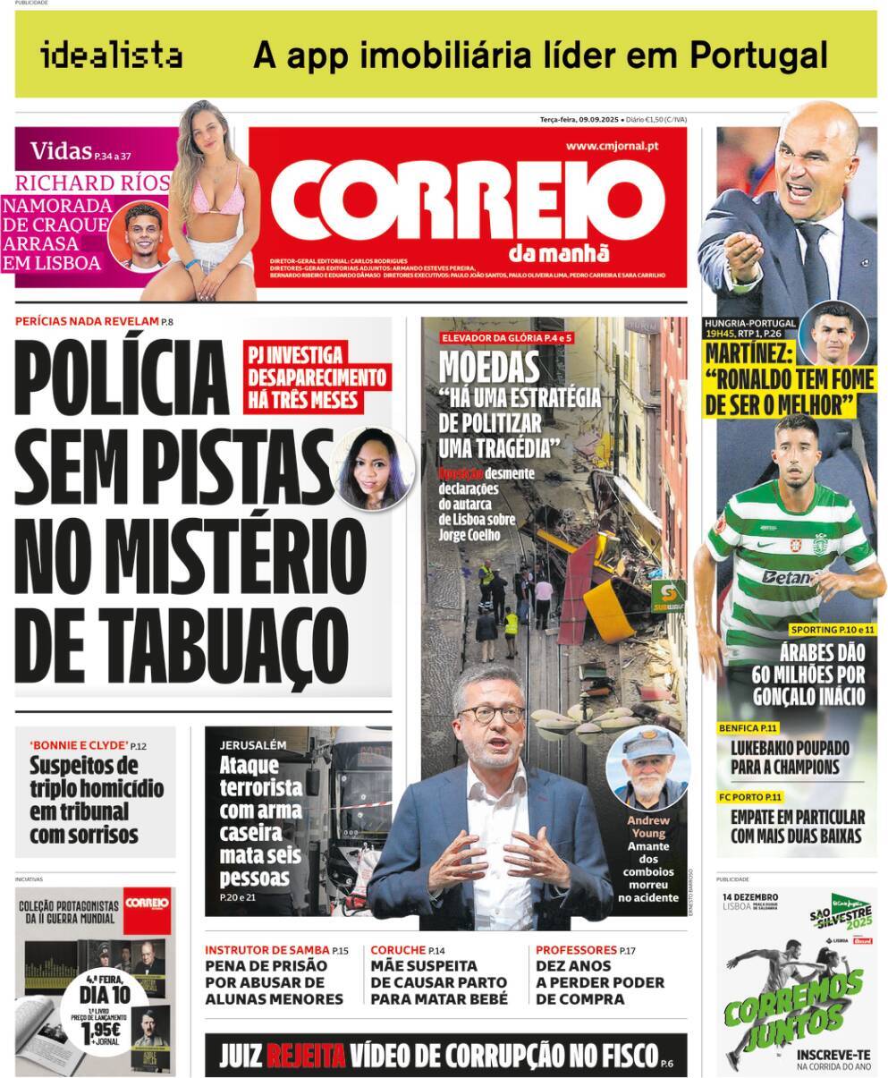 Correio da Manh&atilde;: Capa da Edi&ccedil;&atilde;o de ter&ccedil;a-feira, 09 de setembro 2025