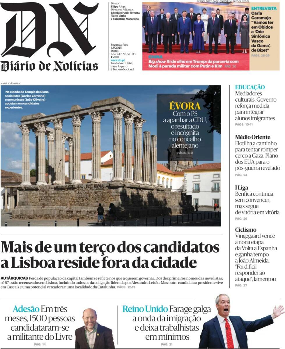 Di&aacute;rio de Not&iacute;cias: Capa da Edi&ccedil;&atilde;o de segunda-feira, 01 de setembro 2025