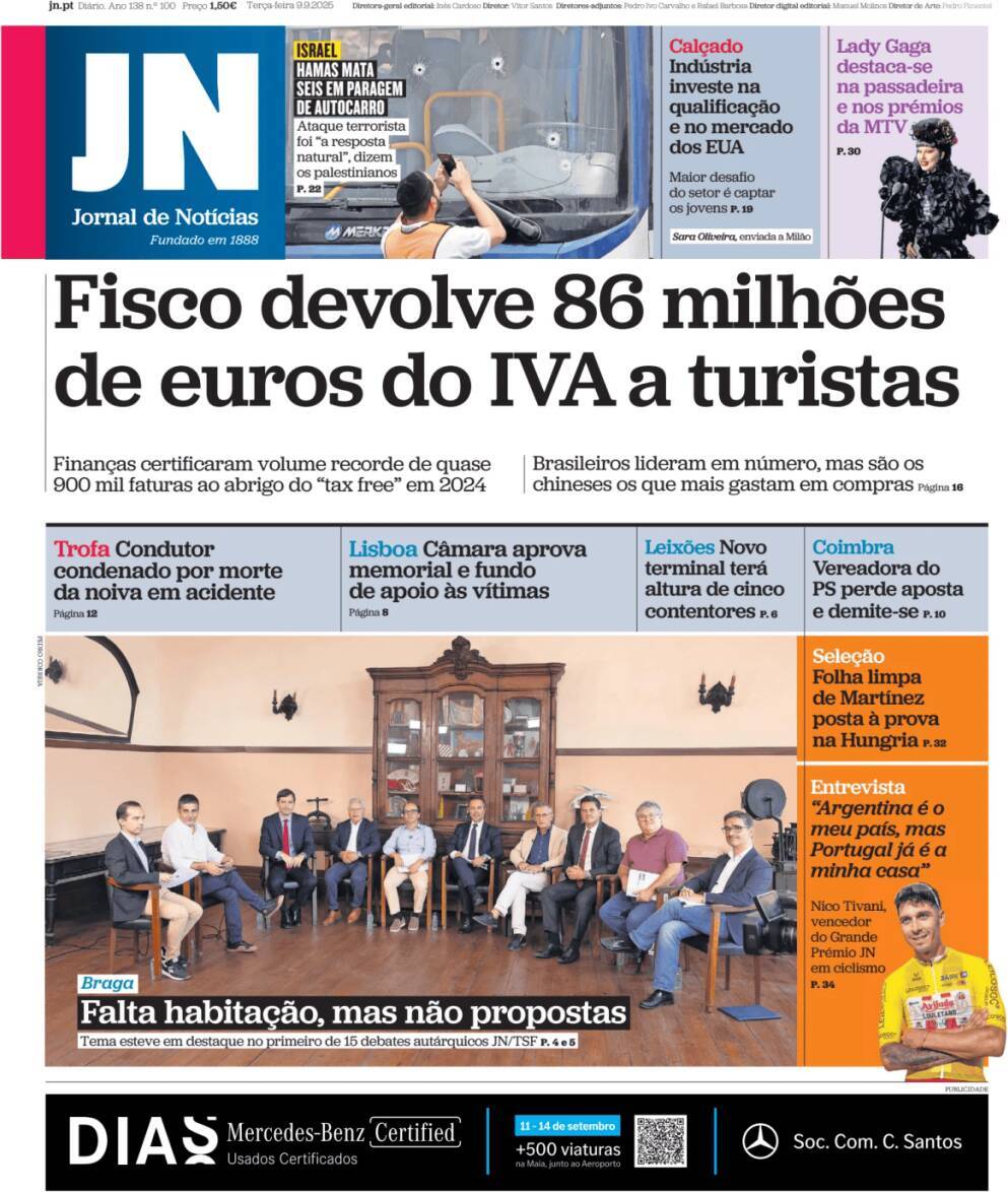 Jornal de Not&iacute;cias: Capa da Edi&ccedil;&atilde;o de ter&ccedil;a-feira, 09 de setembro 2025