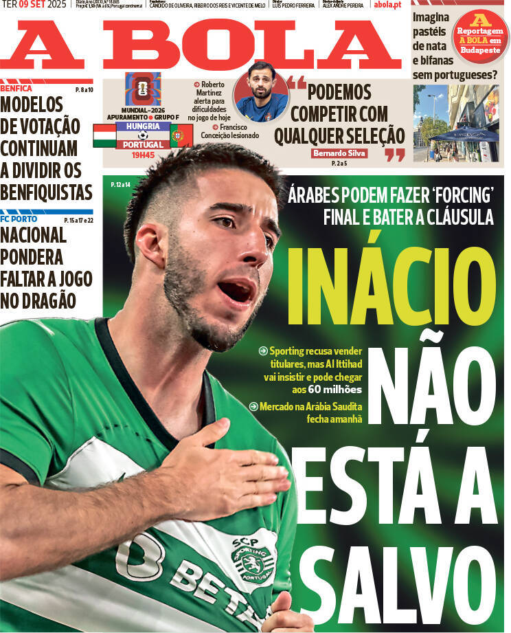 A Bola: Capa da Edi&ccedil;&atilde;o de ter&ccedil;a-feira, 09 de setembro 2025