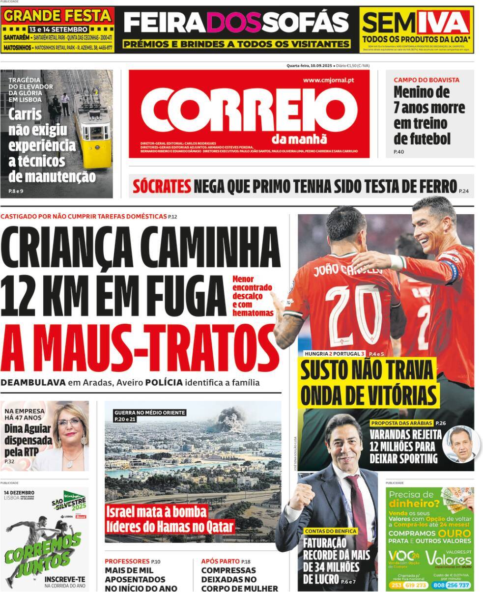 Correio da Manh&atilde;: Capa da Edi&ccedil;&atilde;o de quarta-feira, 10 de setembro 2025