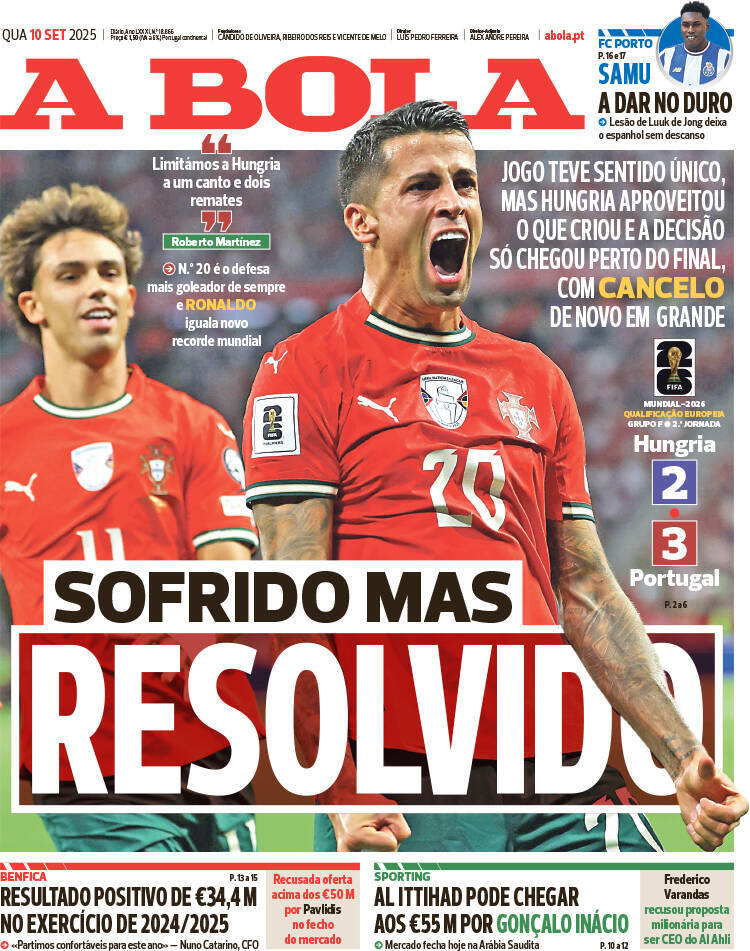 A Bola: Capa da Edi&ccedil;&atilde;o de quarta-feira, 10 de setembro 2025